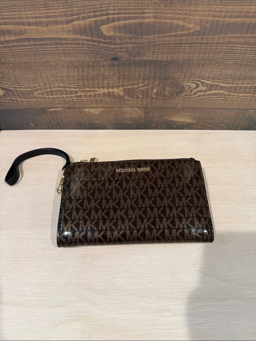 Michael Kors Brown MK Logo Wristlet Clutch with Gold Hardware